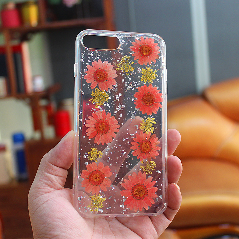 TPU+ PC glittery drops glue mobile phone case with inner flower by hand made for iPhone 6 Plus/7 Plus/8 Plus